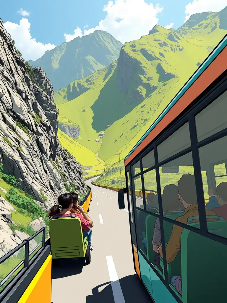 A scenic bus route through the mountains of North Macedonia with passengers enjoying the view, showcasing Merak Miles' bus ticket service.