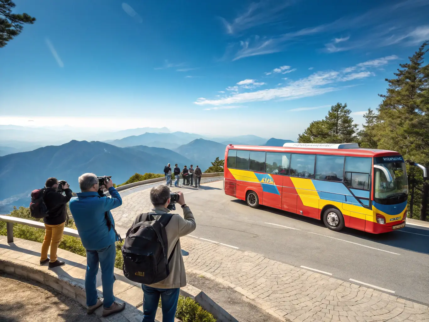 A comfortable bus traveling on a scenic road in North Macedonia, representing bus ticket services.