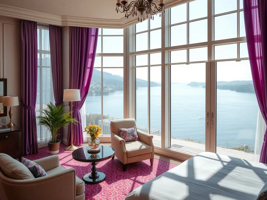 A luxurious hotel room with a view of the Ohrid Lake in North Macedonia, showcasing hotel reservation services.