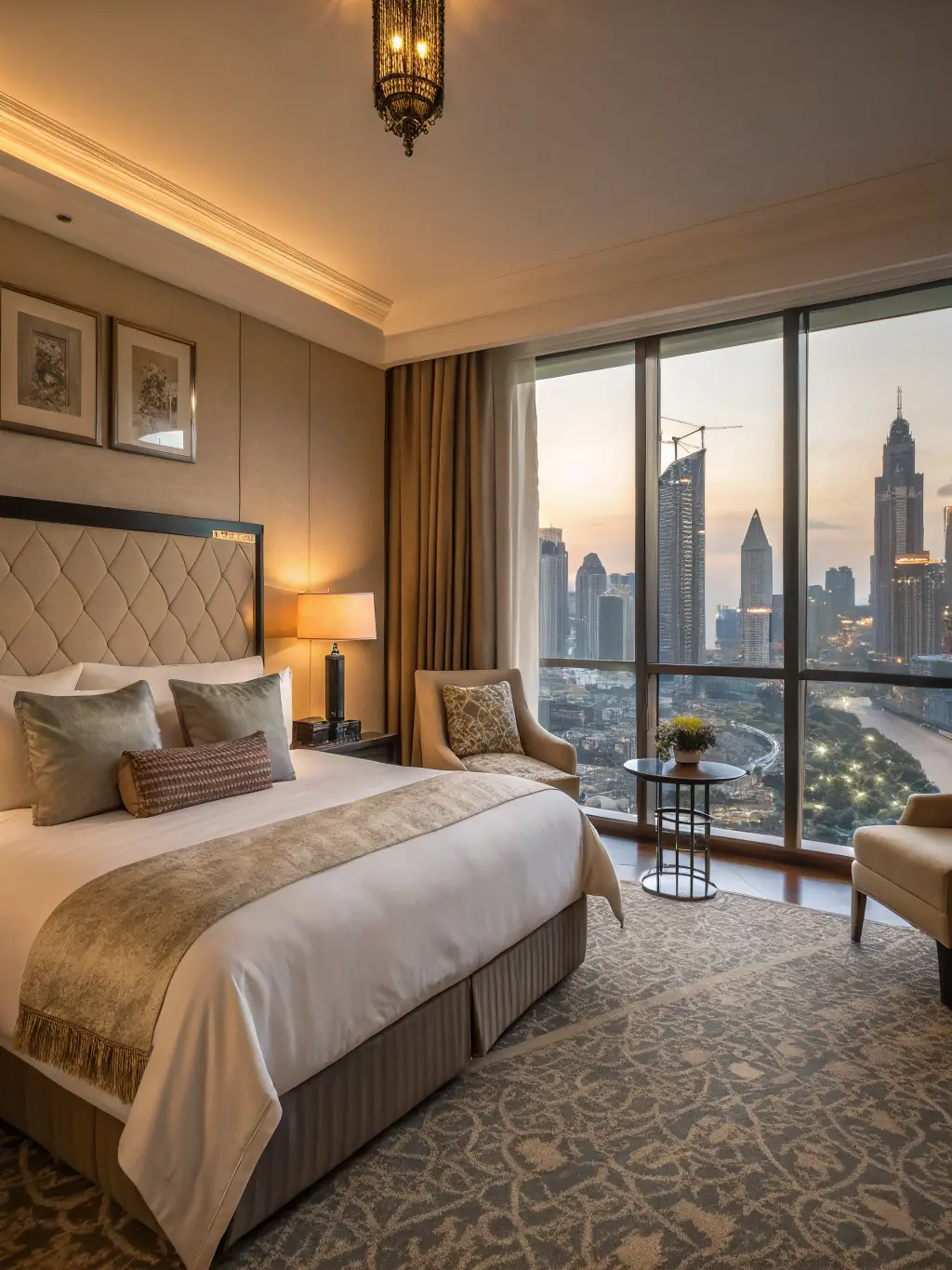 A cozy hotel room overlooking a scenic Balkan landscape at sunset, advertising Merak Miles' hotel reservation service.