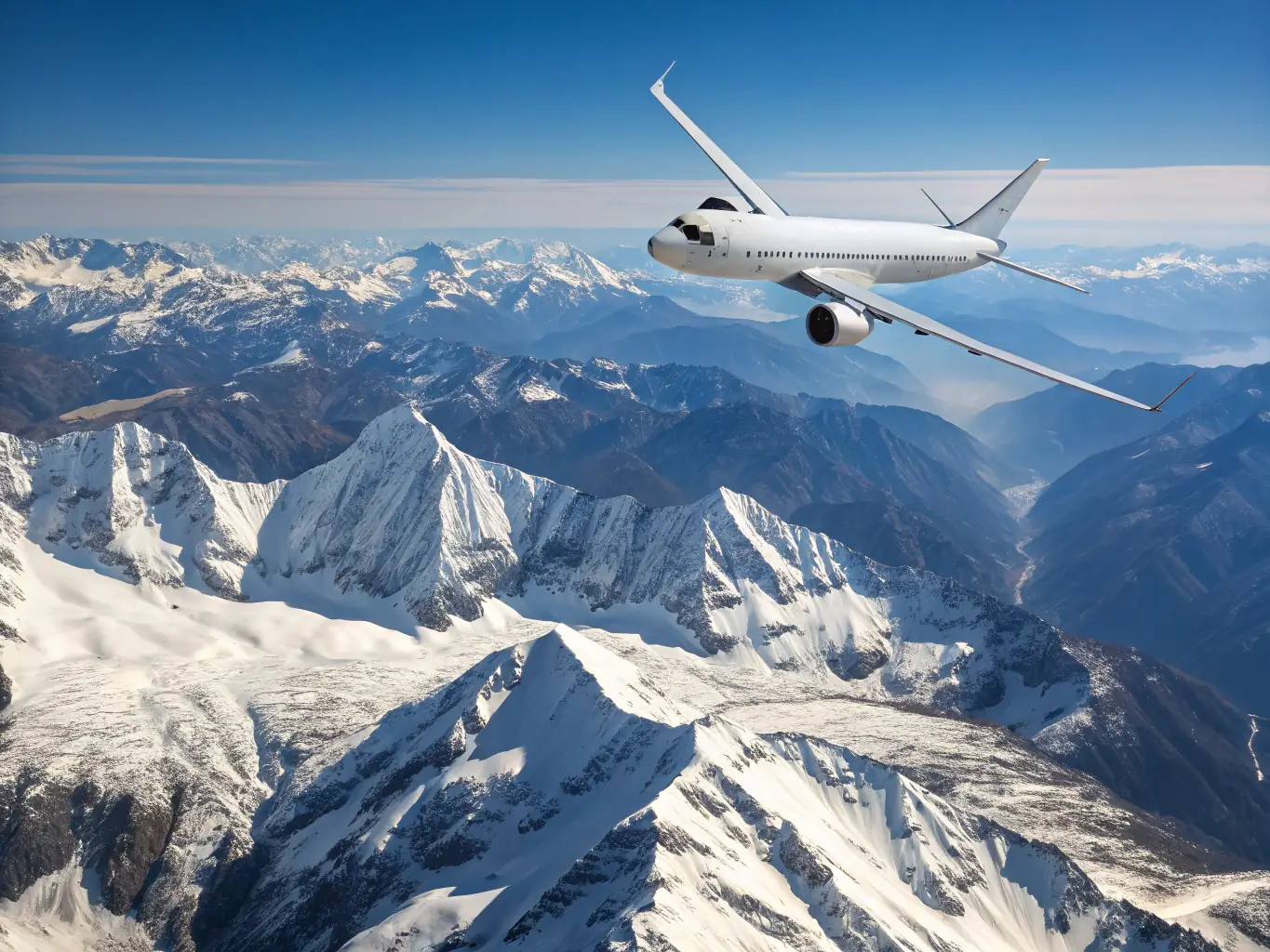 A modern airplane soaring through a clear blue sky over the Balkan mountains, symbolizing flight booking services.