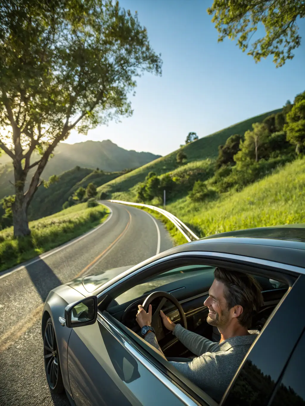 A scenic road trip through Balkan countryside with a rental car in the foreground, promoting Merak Miles' car rental service.
